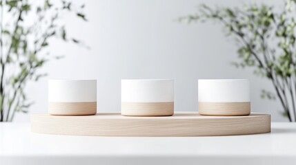 Minimalist display of three white ceramic containers on a light wooden tray, against a white background with greenery