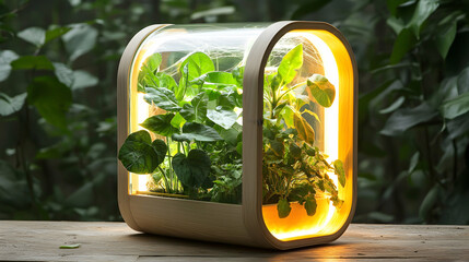 A modern indoor planter with integrated lighting. Perfect for growing herbs or small plants indoors. Enhance home decor while enjoying fresh produce year-round.