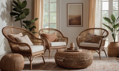 Serene living space featuring wicker furniture, plants and natural light ambiance