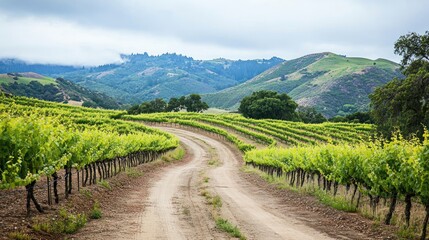 Naklejka premium Serene Vineyard Landscape: Rolling Hills and Lush Grapevines