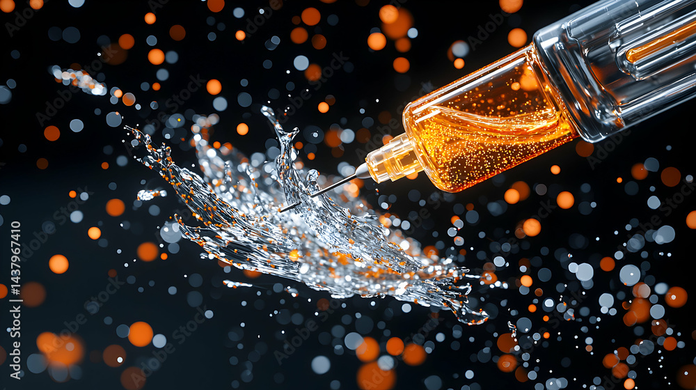 Aufkleber an artistic shot of a syringe injecting liquid into a splash of water with an abstract bokeh backgro