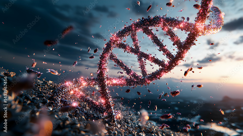 Poster an abstract image depicting a dna helix floating amid particles. suggests biological concepts and sc