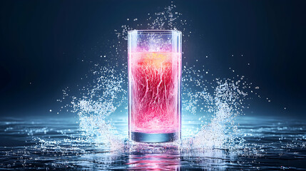 A vibrant image of a glass with pink liquid. The artistic render showcases water effects. It's suitable for health drink or scientific visuals.