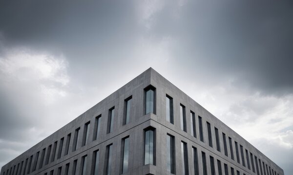 Geometric facade architecture and ominous stormy sky create a dramatic effect