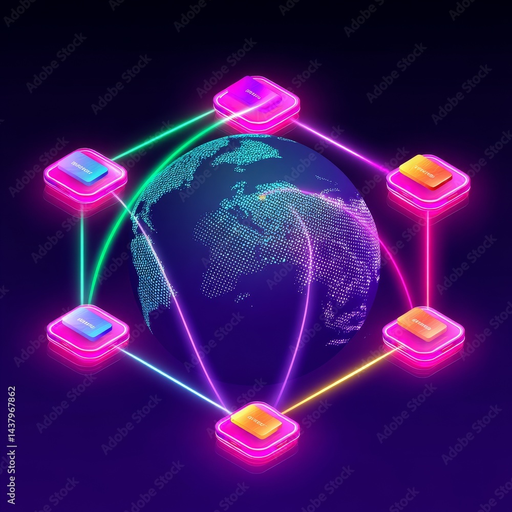 Aufkleber global digital wallet connections in isometric map visualization technology digital network global