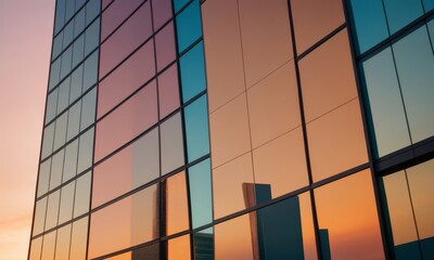 Fototapeta premium Modern Skyscraper Reflecting Sunset Hues Captivating Cityscape Design