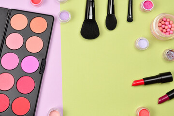 Professional makeup products with cosmetic beauty products, blushes, eye liner, eye lashes, brushes...