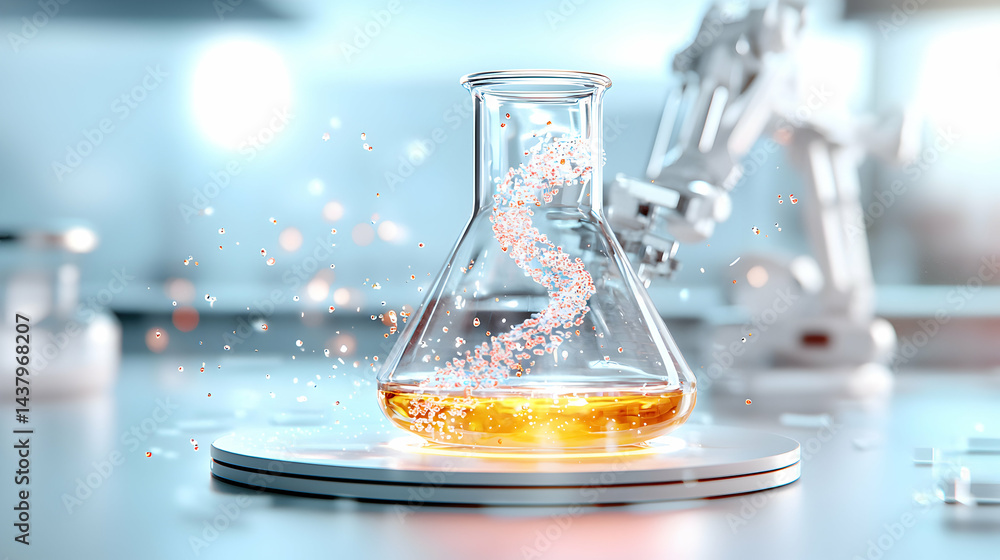 Poster a science lab visualization showing a flask with golden liquid and a dna-like strand. it's ideal for