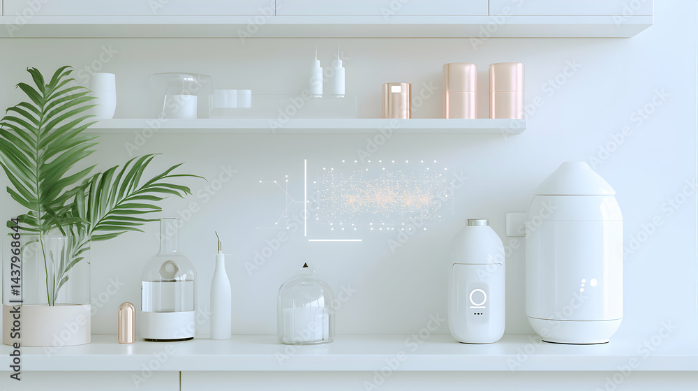 Poster a minimalist and modern aesthetic with a display of essential oil diffusers and various stylish obje