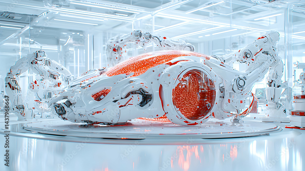 Poster futuristic laboratory scene featuring a complex white machine with red illuminated sections and robo