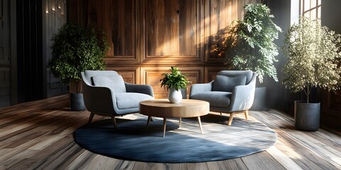 Obraz premium Stylish modern office waiting area features two grey fabric armchairs around a circular wooden coffee table with a plant in a white vase, placed on a dark blue round rug, surrounded warm lighting.