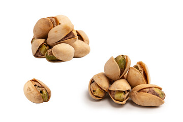 Tasty pistachios isolated on a white background.