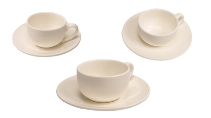 Ceramic white coffee cup and saucer isolated on white background.