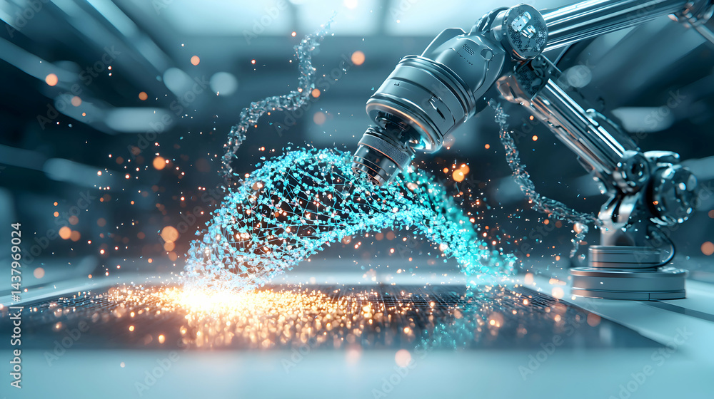 Poster a futuristic robotic arm interacting with glowing particles symbolizing advanced technology. ideal f