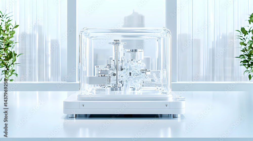 Poster a modern laboratory device encased in a transparent enclosure. ideal for showcasing scientific resea