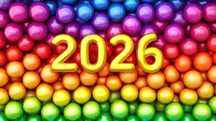 Shiny rainbow-colored balloons gathered at the bottom with  balloons rising above them