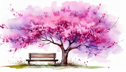 watercolor hand drawn pink cherry tree and bench isolated on white background
