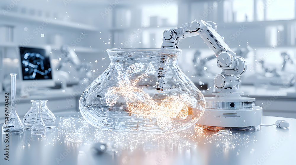 Poster robotic arm explores inside a flask illuminated with glowing particles suggesting scientific researc