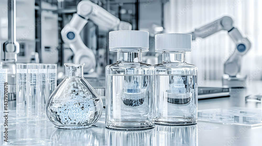 Poster laboratory setting with vials and flasks filled with clear liquid. robotic arms suggest automation a
