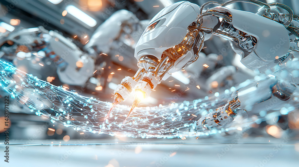 Poster robotic arms welding a futuristic network. use in automated manufacturing for intricate tasks. enhan