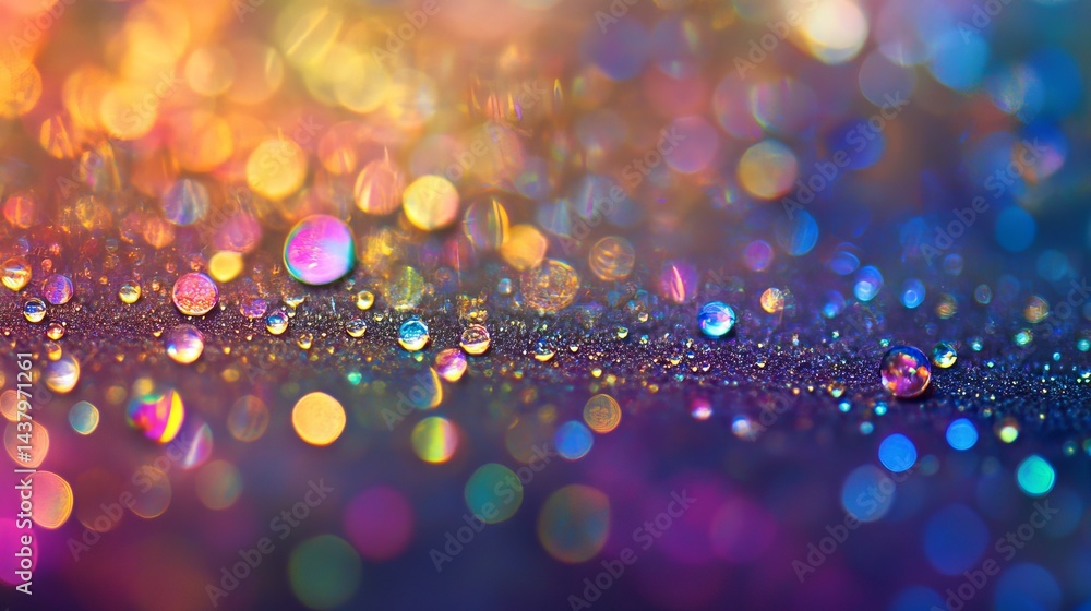 Poster vibrant rainbow water droplets on dark surface sparkling bokeh background abstract colorful texture 