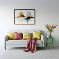 Living room interior with sofa and artwork