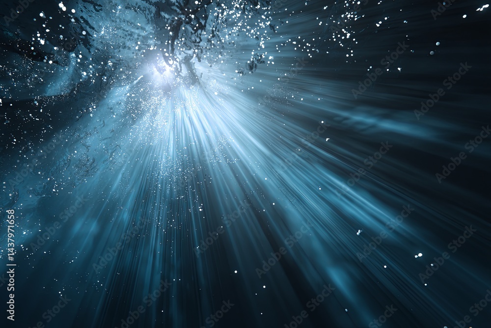 Poster ethereal blue light rays burst with sparkling particles creating a magical atmosphere for abstract b