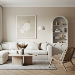 Living room interior with couch and shelves