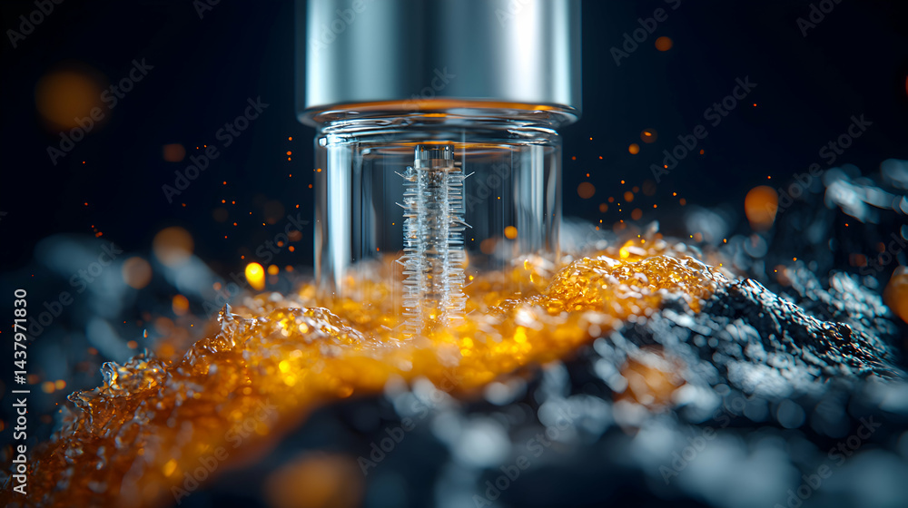 Poster a scientific image showing a clear glass vial with a complex structure inside reacting with a liquid