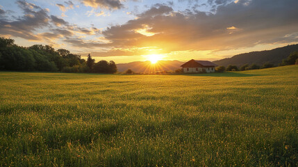 Fototapeta premium serene sunset over green meadow with silhouette of house, creating peaceful atmosphere