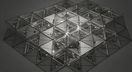 Abstract Geometric Installation Displaying Complex Spatial Arrangement With Mirrored Panels