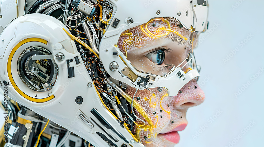 Poster a cyborg's face integrates human features with robotic elements. apply this to sci-fi concepts and e