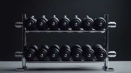 Dumbbells with chrome handles and black weights aligned on a three-tier rack