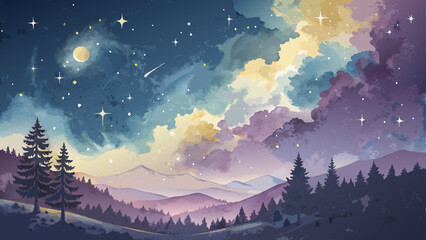 Fototapeta premium Celestial Watercolor Background – Delicate Light Yellow, Blue & Purple Cosmic Beauty with Inspirational Copy Space*