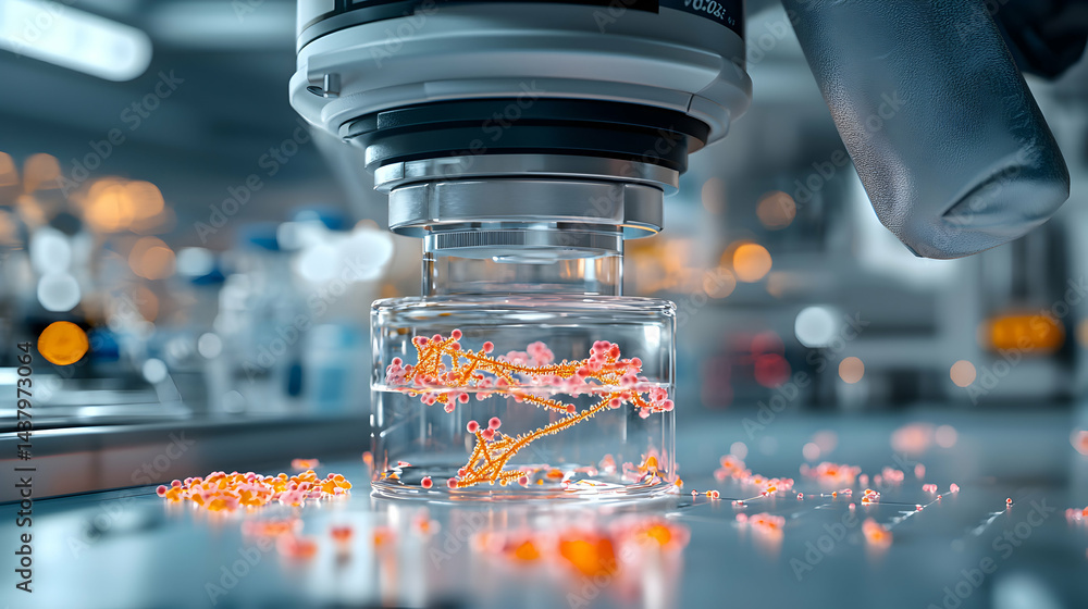 Poster a microscope observes cells in a lab setting. scientific research focuses on biological structures. 