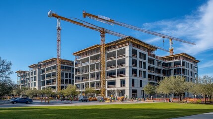 Modern building under construction with cranes, sunny day.