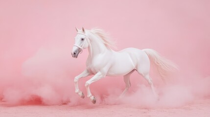 Obraz premium Elegant white horse posing in motion blur against a dusty rose background