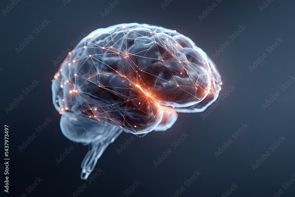 Poster futuristic representation of a glowing brain with digital data connections, symbolizing artificial i