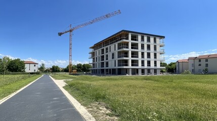 New apartment building under construction, crane visible, path and field in foreground.