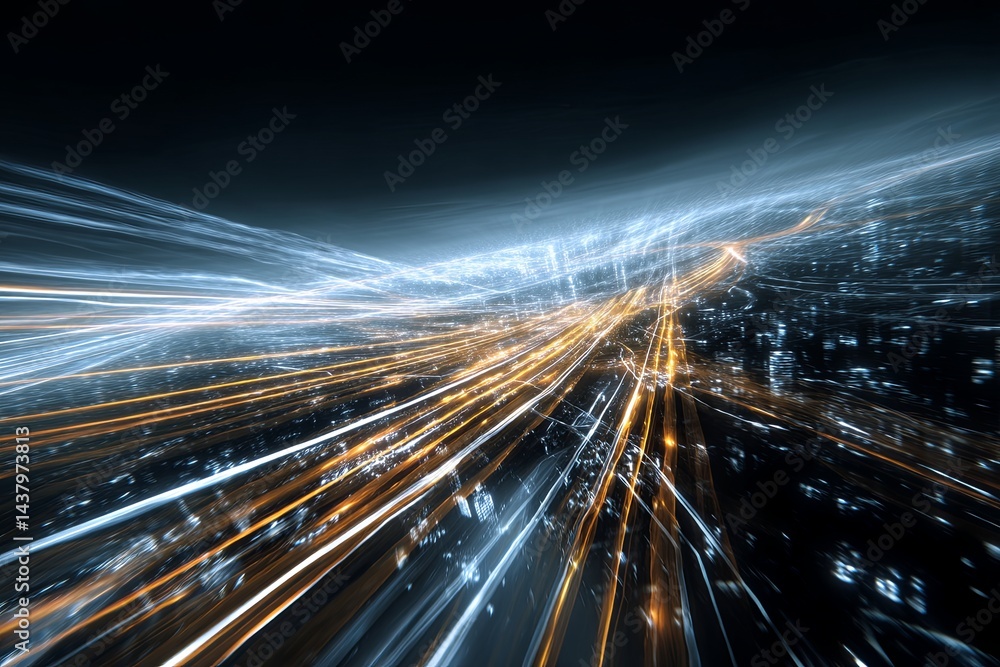 Poster abstract digital landscape with glowing light trails creating an illusion of speed and movement in a