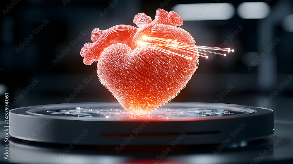 Poster a glowing red heart with light trails sits on a futuristic platform. perfect for medical tech or sci
