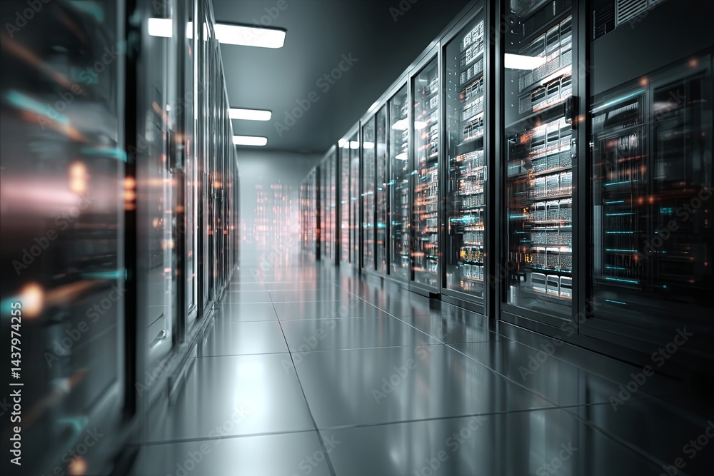 Poster futuristic data center with server racks and digital light effects, depicting a modern technological