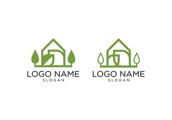 simple house and leaf logo vector design template, leaf vector logo template combined with house.