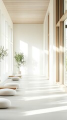 Obraz premium Bright, airy space featuring soft cushions and potted plants, designed for relaxation and meditation, highlighting tranquility and simplicity