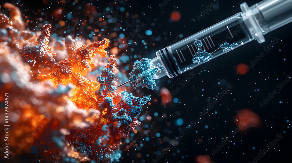 Poster an abstract illustration of a syringe injecting something into a mass of cells. can be used in healt
