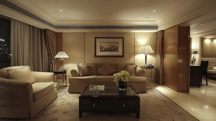 Obraz premium Elegant living area with stylish sofa set and warm lighting, creating cozy atmosphere