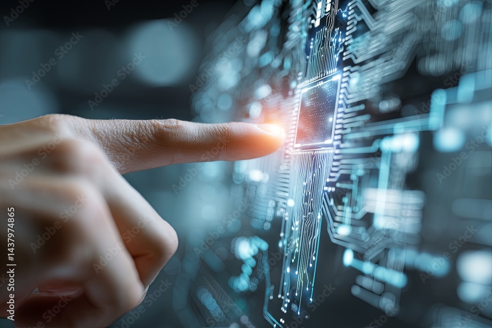 Poster futuristic digital interface with human hand interaction and circuitry elements in high-technology e