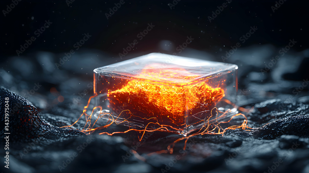 Poster a glowing energy core trapped within a transparent cube. suggesting advanced technology or contained