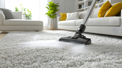 A modern living room with a person vacuuming the carpet, illustrating professional deep cleaning services