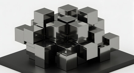 Fototapeta premium Metallic Cubes Forming Abstract Structure On Pedestal Over White Background